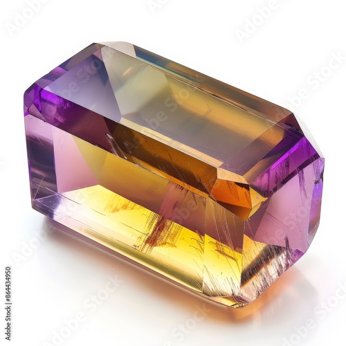 Close-up photo of vibrant purple and yellow ametrine gemstone photo