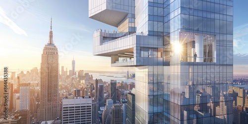 The glassclad building, adorned with geometric designs, is situated in a cityscape, illuminated by sunlight AIG59 photo
