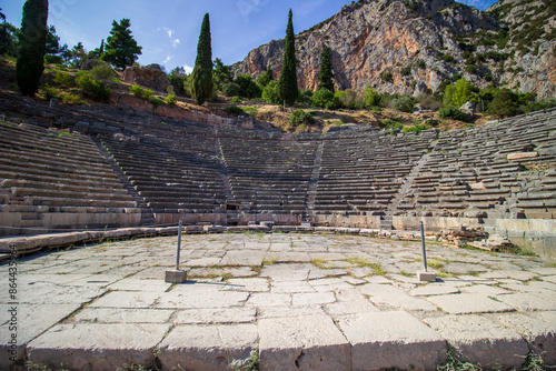 Ancient amphitheater of Delphi. Famous Archaeological site in Greece. God of Appollo temple. View of the ancient amphitheater. photo