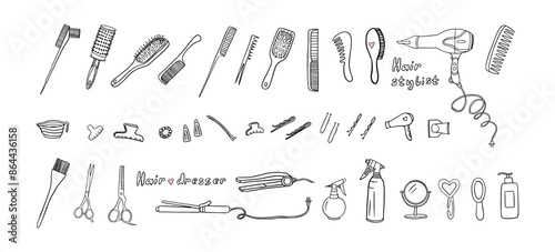 Large set of hairdresser tools in doodle style. Hair dryer, comb, hairbrush, hairpin, invisible, mirror, scissors, hairgrip, hair-slide,shampoo, curling iron. Stylist. Beauty salon. Hand drawn