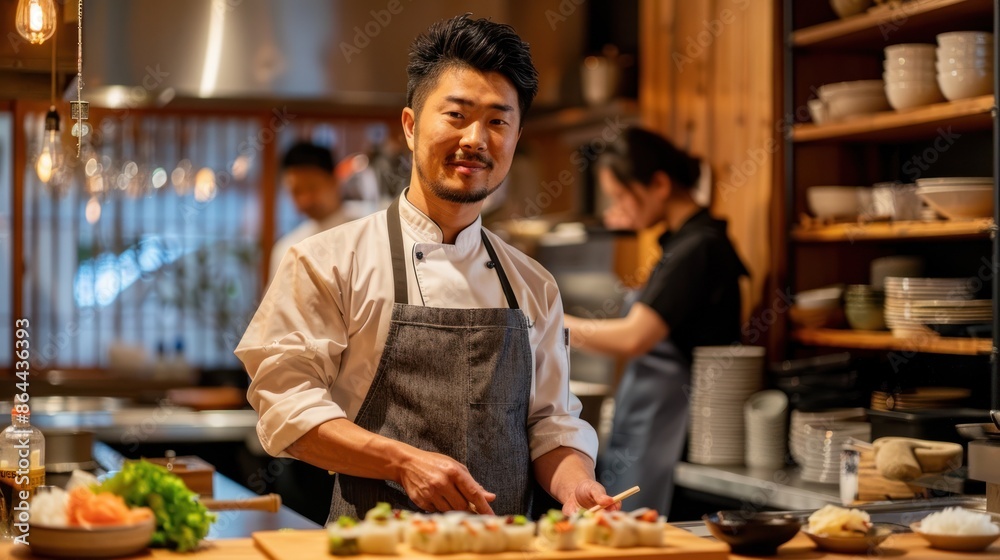 Professional chef in a modern kitchen preparing sushi with fresh ingredients, showcasing culinary skills with a focused team in the background. Professional chef in a modern kitchen preparing sushi with fresh ingredients, showcasing culinary skills with a focused team in the background.