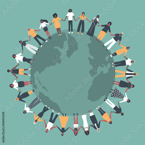 People large Group. Men Women Holding Hands, Stand around Earth. Multicultural Group of People. Earth Day Concept. Vector Illustration on green
