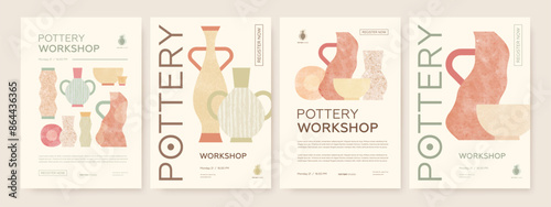 Set of pottery workshop advertising vectot poster design template. Hand made ceramics, clay crockery flat illustration. Pottery lesson, ceramic studio, hobby master class invitation layout