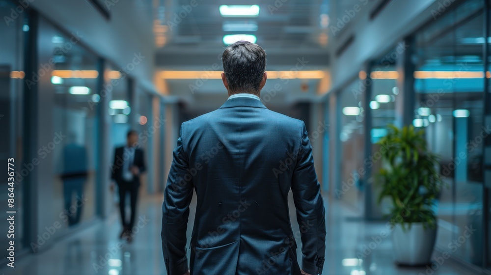 Businessman in a suit walking through a modern office hallway, viewed from behind. Corporate environment with glass walls and plants. Businessman in a suit walking through a modern office hallway, viewed from behind. Corporate environment with glass walls and plants.