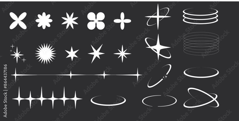 Fototapeta premium Set of y2k minimal geometric shapes thin line rings, abstract aesthetic element illustrated for banners, social media, poster design, sticker. Trendy design with frame, sparkles, star, lines