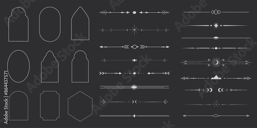 Silver celestial minimal esoteric frame, thin line border, divider mystyc linear decoration with dots, moon, stars corners isolated on dark background. Geometric shape, tarrot 