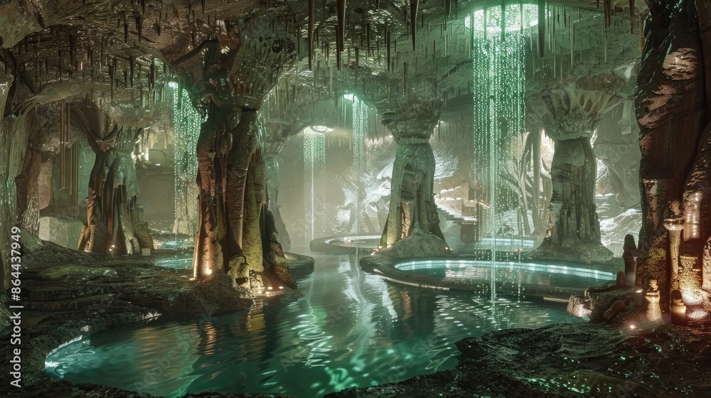 A well designed cave passage adorned with stalactites and stalagmites in a subterranean environment A well designed cave passage adorned with stalactites and stalagmites in a subterranean environment