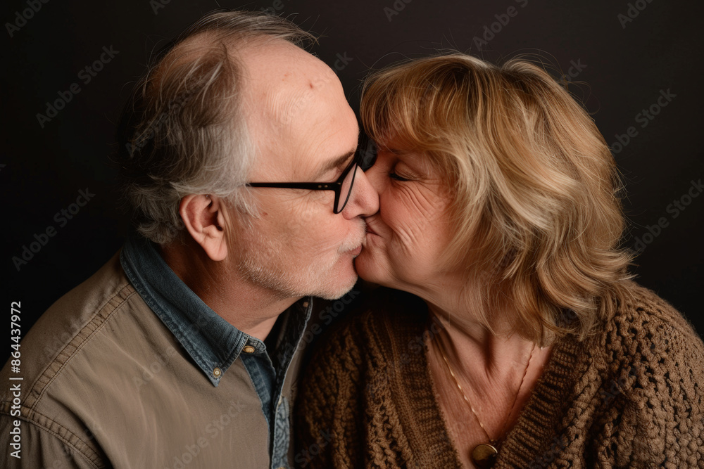 Elderly people in love. Close-up portrait of senior couple in love, hug embrace with romance together, kissing, in studio, dark background. Elderly people in love. Close-up portrait of senior couple in love, hug embrace with romance together, kissing, in studio, dark background.