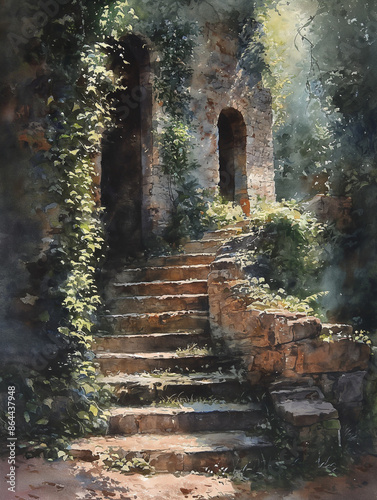 Ancient Ruins: A watercolor painting of ancient ruins with ivy-covered walls and a sense of mystery.  photo