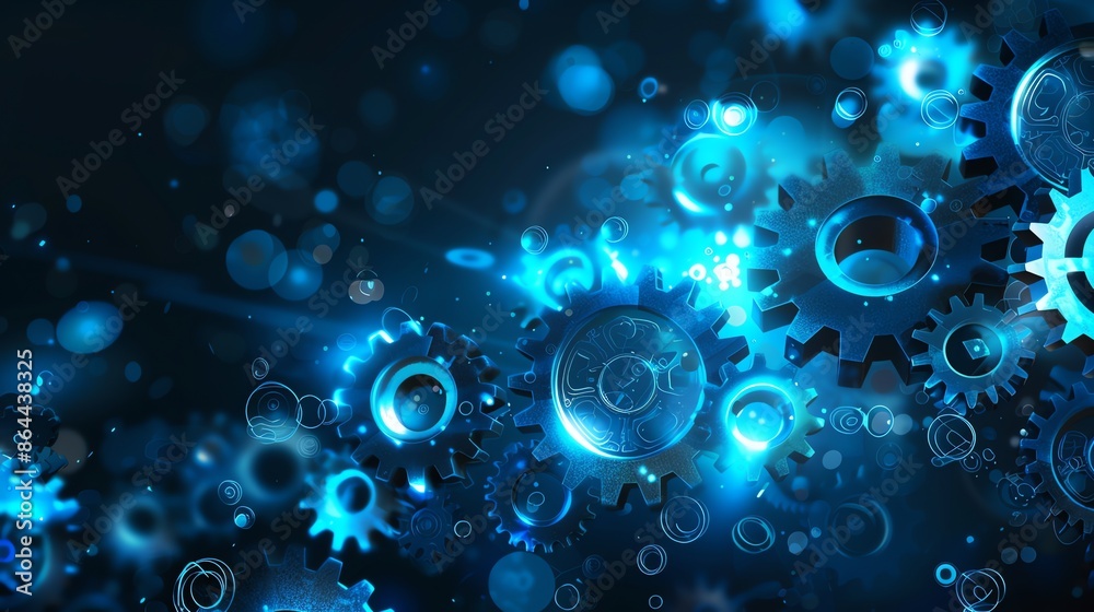 Blue gears and cogs working together in a network, representing technology, engineering, and innovation.