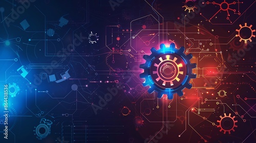Glowing cogwheel with digital circuits and network connections on a motherboard.  Concept of technology, engineering, innovation, and computing.