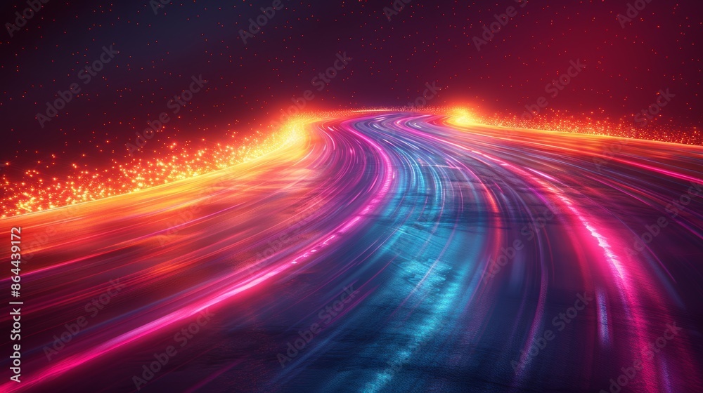 Neon light trails on a winding road at night, futuristic and vibrant colors. Nightlife and motion concept Neon light trails on a winding road at night, futuristic and vibrant colors. Nightlife and motion concept