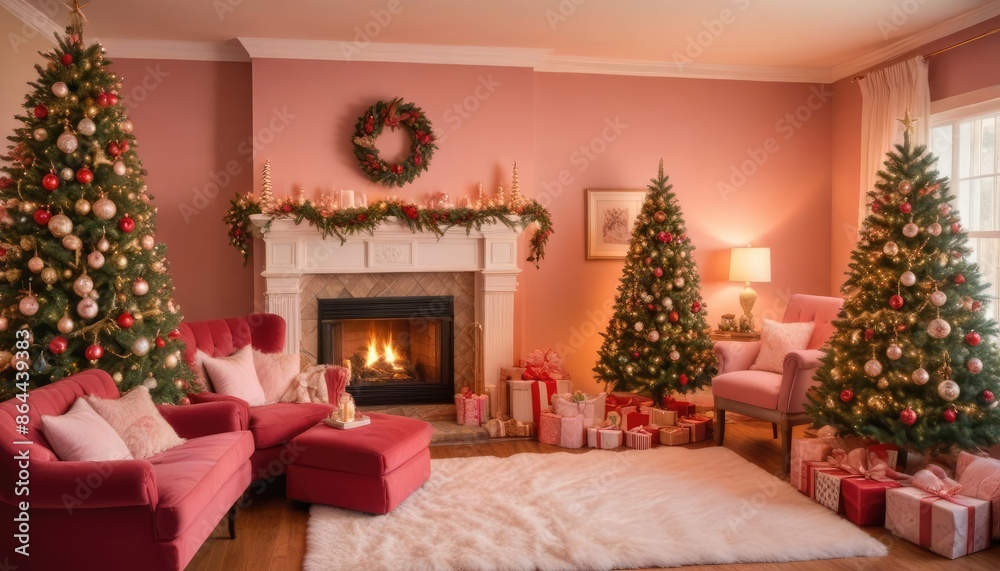 A warm, inviting Christmas living room interior with a large, decorated Christmas tree, a crackling fireplace, and red and green holiday accents throughout the space A warm, inviting Christmas living room interior with a large, decorated Christmas tree, a crackling fireplace, and red and green holiday accents throughout the space