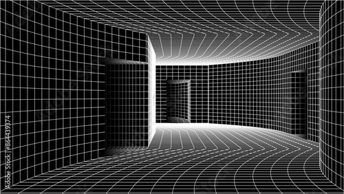 Abstract y2k styled computer background. Sci-fi architecture interior with retro lines. 00s or retrowave, grid room