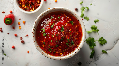 Top view of hot red spicy chilli sauce with a white background
 photo