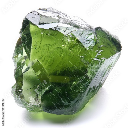 A close-up shot of a vibrant green moldavite gemstone photo