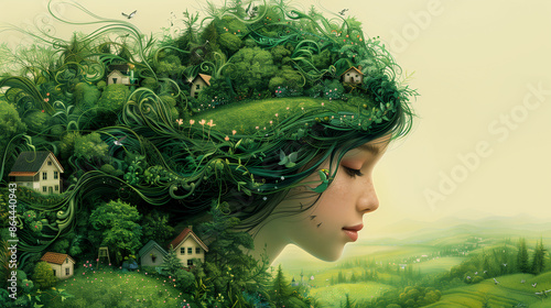 woman with hair shaped like nature, mother earth concept, environmental care