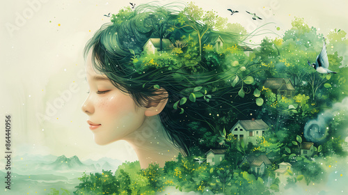 woman with hair shaped like nature, mother earth concept, environmental care