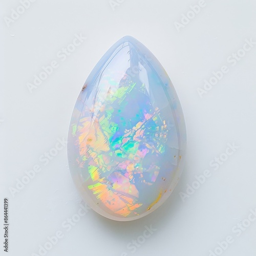 An iridescent opal gemstone, shaped like a teardrop, shimmers on a white background