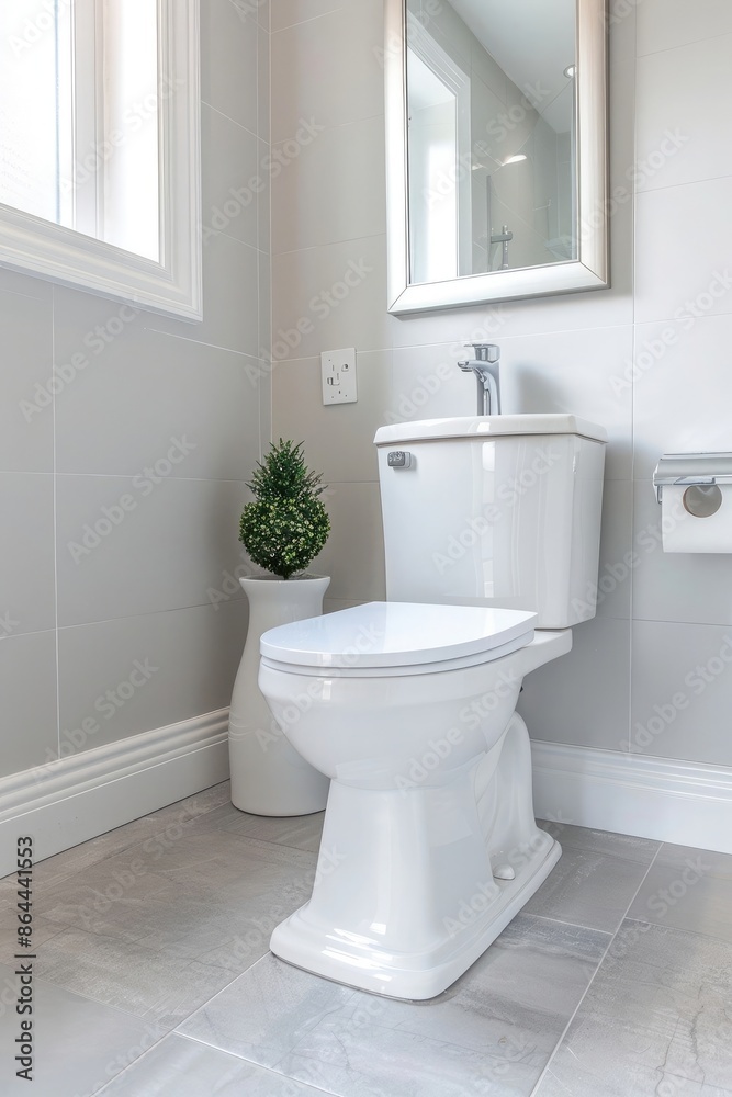 White bathroom with toilet and sink, mirror on the wall, grey floor tiles White bathroom with toilet and sink, mirror on the wall, grey floor tiles