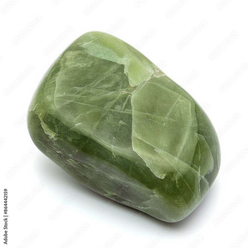 Close-up of a green serpentine gemstone on a white surface