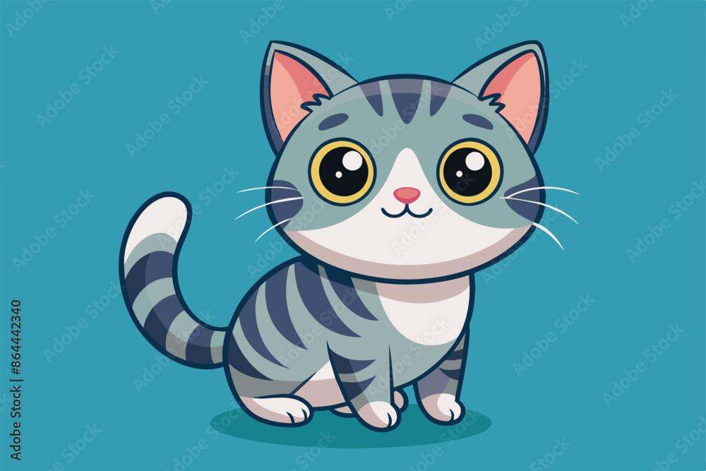 A cute cartoon cat with gray and white fur, featuring big expressive eyes. A cute cartoon cat with gray and white fur, featuring big expressive eyes.