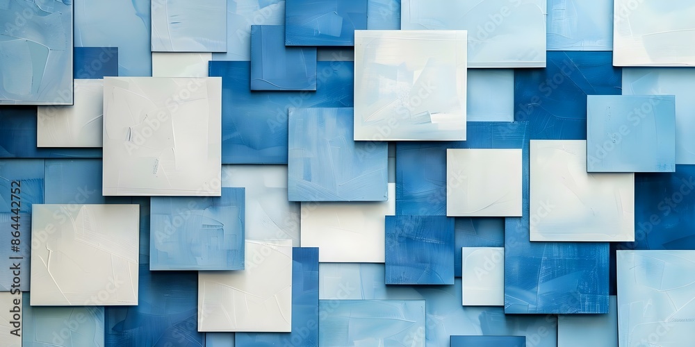 Abstract blue and white squares in various sizes and shades on background. Concept Geometric Art, Blue and White Theme, Abstract Design, Square Elements, Diverse Shades Abstract blue and white squares in various sizes and shades on background. Concept Geometric Art, Blue and White Theme, Abstract Design, Square Elements, Diverse Shades
