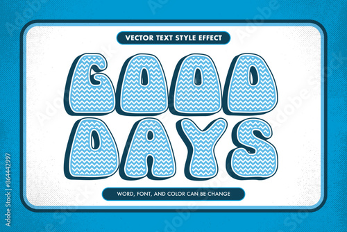 Good Day Text Effect in Retro Vintage 70s Style with Groovy Blue Letters and a Striped Waves Pattern, Vector Editable Design