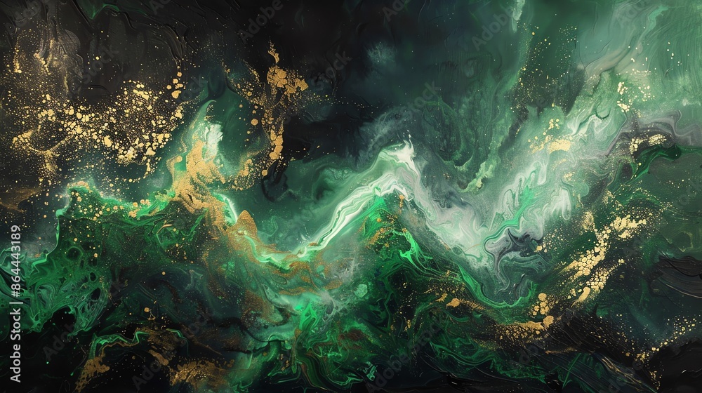 Fototapeta premium Abstract Fluid Art. Swirls of Green, Gold, and White, Luxury Background Image