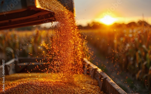 Golden Corn Kernels Pouring Into Hopper at Sunset