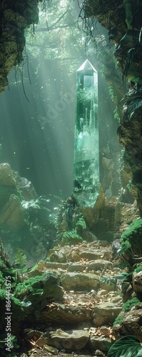 Crystal Scepter, Ancient Artifact, guarding a hidden doorway deep in a mystical jungle