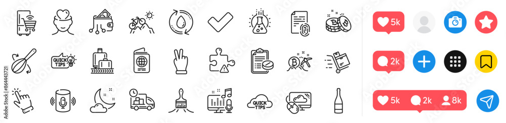 Baggage reclaim, Bitcoin and Night weather line icons pack. Social media icons. Fingerprint, Medical prescription, Voice assistant web icon. Victory hand, Puzzle, Digital wallet pictogram. Vector Baggage reclaim, Bitcoin and Night weather line icons pack. Social media icons. Fingerprint, Medical prescription, Voice assistant web icon. Victory hand, Puzzle, Digital wallet pictogram. Vector