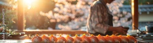 Traditional Japanese Sushi, Kimono, Fresh fish, Savoring a sushi feast in a traditional Japanese restaurant, Sakura blossoms, Photography, Golden hour, Depth of field bokeh effect photo
