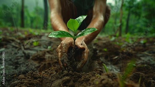 Tree planting, community effort, restoring forests, combating deforestation, rainy day, realistic painting, backlight, vignette