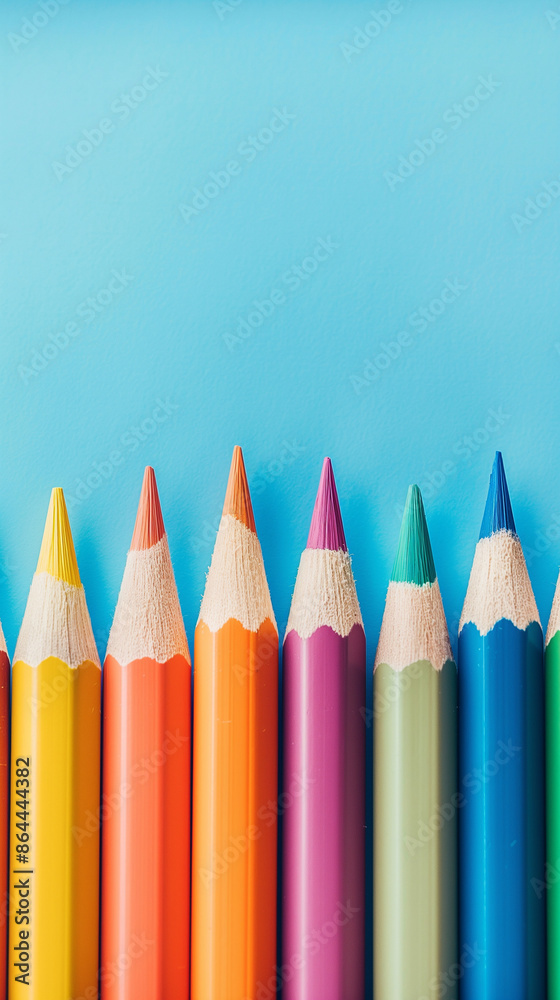 Row of multi-colored pencils on a pink, blue, red and yellow backgrounds Row of multi-colored pencils on a pink, blue, red and yellow backgrounds