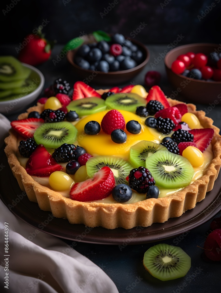 Vibrant Mixed Fruit Tart with Kiwi, Berries, and Peach Glaze.