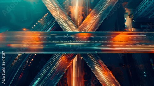 Aerial view of road highway intersection with busy urban traffic speeding on the road. Night time, long exposure photography