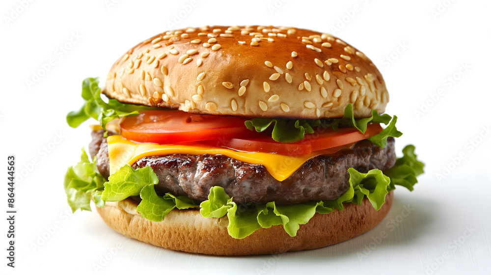 juicy hamburger with lettuce, tomato, and cheese on a white background juicy hamburger with lettuce, tomato, and cheese on a white background