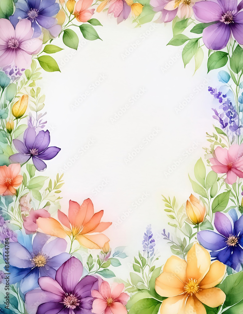 Fototapeta premium Colorful Flowers Watercolor Border Painting, Page Frame Trim, Graphic Resource
