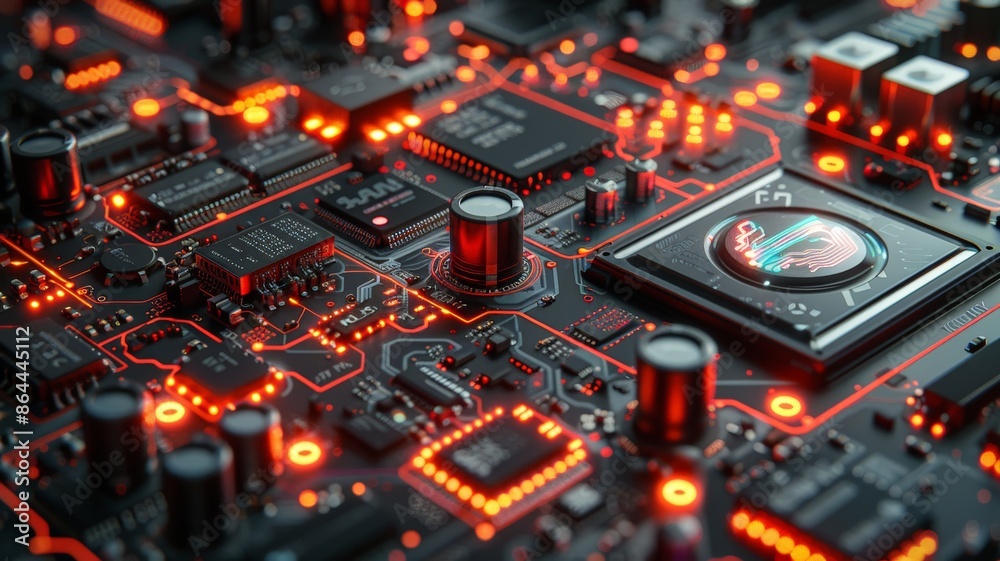 Close-up of a futuristic circuit board with glowing red LED lights, showcasing intricate pathways and components on a high-tech motherboardtechnology
