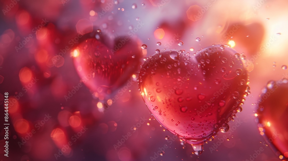 Romantic Red Heart-Shaped Balloons with Water Droplets Floating in Soft Focused Dreamy Background Setting Against a Warm, Glowing Lightlove Romantic Red Heart-Shaped Balloons with Water Droplets Floating in Soft Focused Dreamy Background Setting Against a Warm, Glowing Lightlove