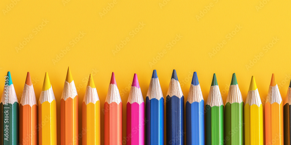 Row of multi-colored pencils on a pink, blue, red and yellow backgrounds Row of multi-colored pencils on a pink, blue, red and yellow backgrounds