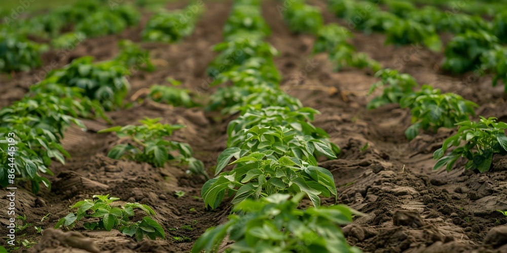Lush green potato field rows in a rural agricultural landscape. Concept Agricultural Landscape, Potato Fields, Rural Setting, Green Rows, Lush Environment Lush green potato field rows in a rural agricultural landscape. Concept Agricultural Landscape, Potato Fields, Rural Setting, Green Rows, Lush Environment