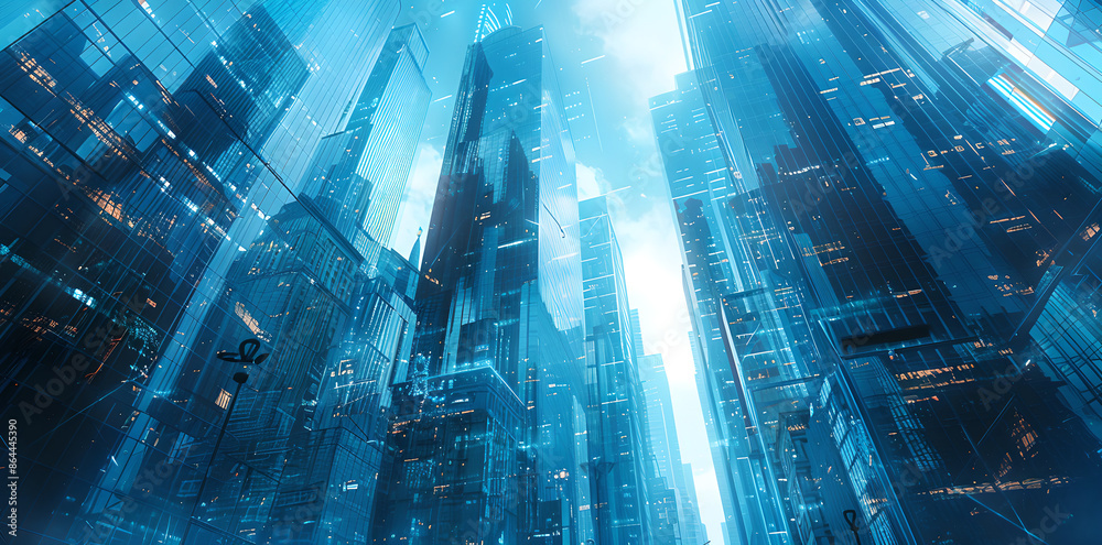 Sleek and modern cityscape with towering skyscrapers and glass buildings reflecting the blue sky Sleek and modern cityscape with towering skyscrapers and glass buildings reflecting the blue sky
