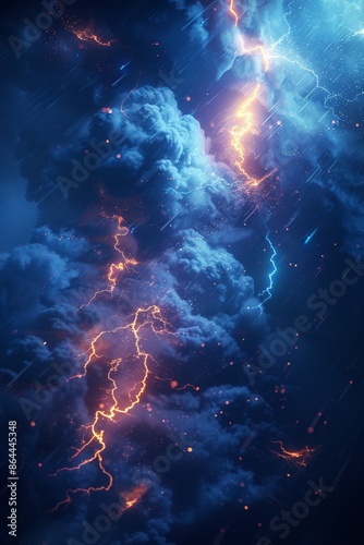 Dynamic Thunderstorm With Striking Lightning Bolts and Dramatic Rain Clouds Illuminated by Vibrant Blue and Orange Hues at Nightstorm photo