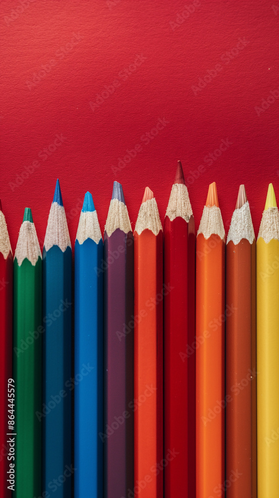 Row of multi-colored pencils on a pink, blue, red and yellow backgrounds Row of multi-colored pencils on a pink, blue, red and yellow backgrounds