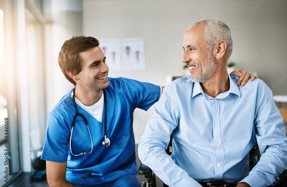 Fototapeta premium Senior, man and nurse with patient in clinic, care and together for wellness consultation with medical employee. Support, healthcare and wheelchair for person with a disability, hospital and trust