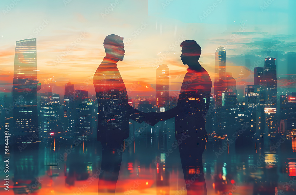 Double exposure of two businessmen shaking hands with a cityscape Double exposure of two businessmen shaking hands with a cityscape