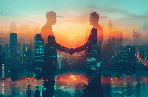 Double exposure of two businessmen shaking hands with a cityscape