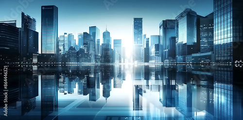 Sleek and modern cityscape with towering skyscrapers and glass buildings reflecting the blue sky